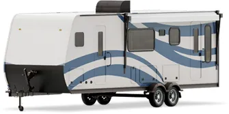 View of a white camper trailer with blue trim.