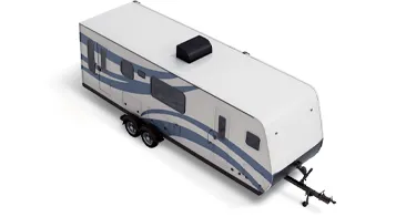 Overhead view of a white camper trailer with blue trim.